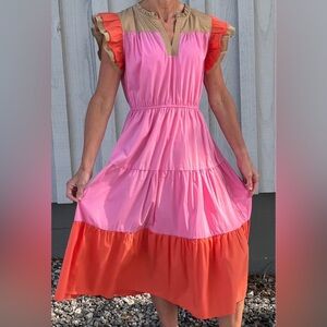 Colorblock Poplin Sleeveless Tiered Dress